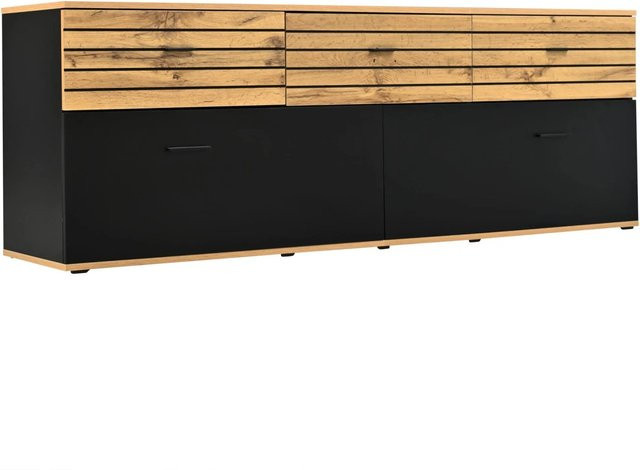Merax TV-Schrank aus Holz in Schwarz und Braun mit 2 Türen und 3 Schubladen, B/T/H: 168 x 38 x 59 cm - Bild 1