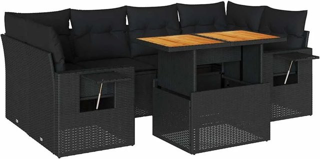 vidaXL 7-teilige Garten-Sofagarnitur aus Poly-Rattan und Akazienholz in Schwarz mit Kissen - Bild 1