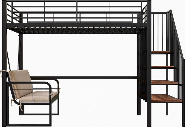Merax Etagenbett mit Sofa und Stauraum aus Metall und MDF, Schwarz, B/T/H: 200 x 140 x 170 cm - Bild 1