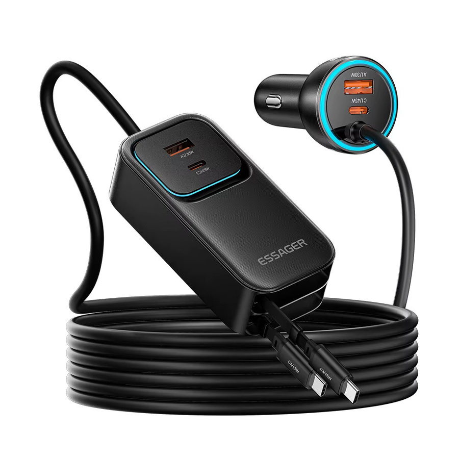 Essager 135W Dual Retractable Kabel-Ladegerät mit Rückseitiger Steckdose und USB-C PD QC Schnellladung in Schwarz - Bild 6