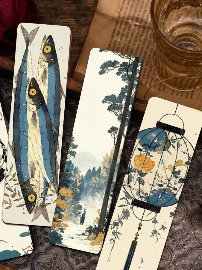 30 Stück Retro Japanische Lesezeichen aus Papier in Gelb und Blau mit Herbst- und Naturmotiven - Bild 3