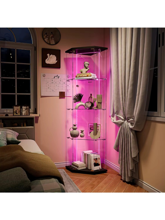 Rosahqnda Eck-Glasvitrine mit LED-Beleuchtung, moderne stehende Ausstellungsvitrine mit Glastüren in Schwarz und Transparent - Bild 6