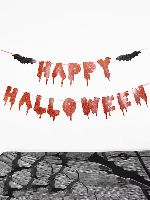 Happy Halloween Banner aus rotem Glitzer-Papier mit Fledermaus-Motiv als hängende Wanddeko - Bild 7