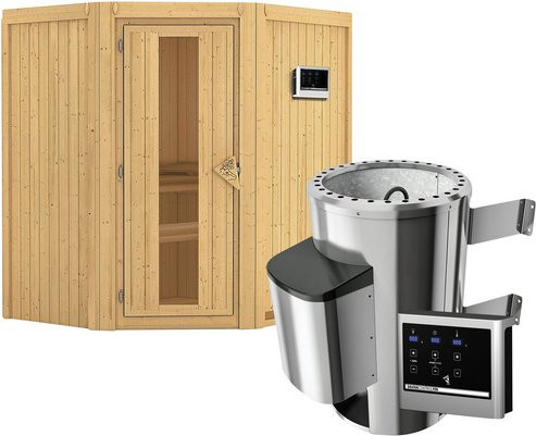 Karibu Sauna Wolmar aus Fichtenholz in Beige inklusive 3,6 kW Saunaofen mit externer Steuerung für 3 Personen, B/T/H: 202 x 165 x 165 cm - Bild 1