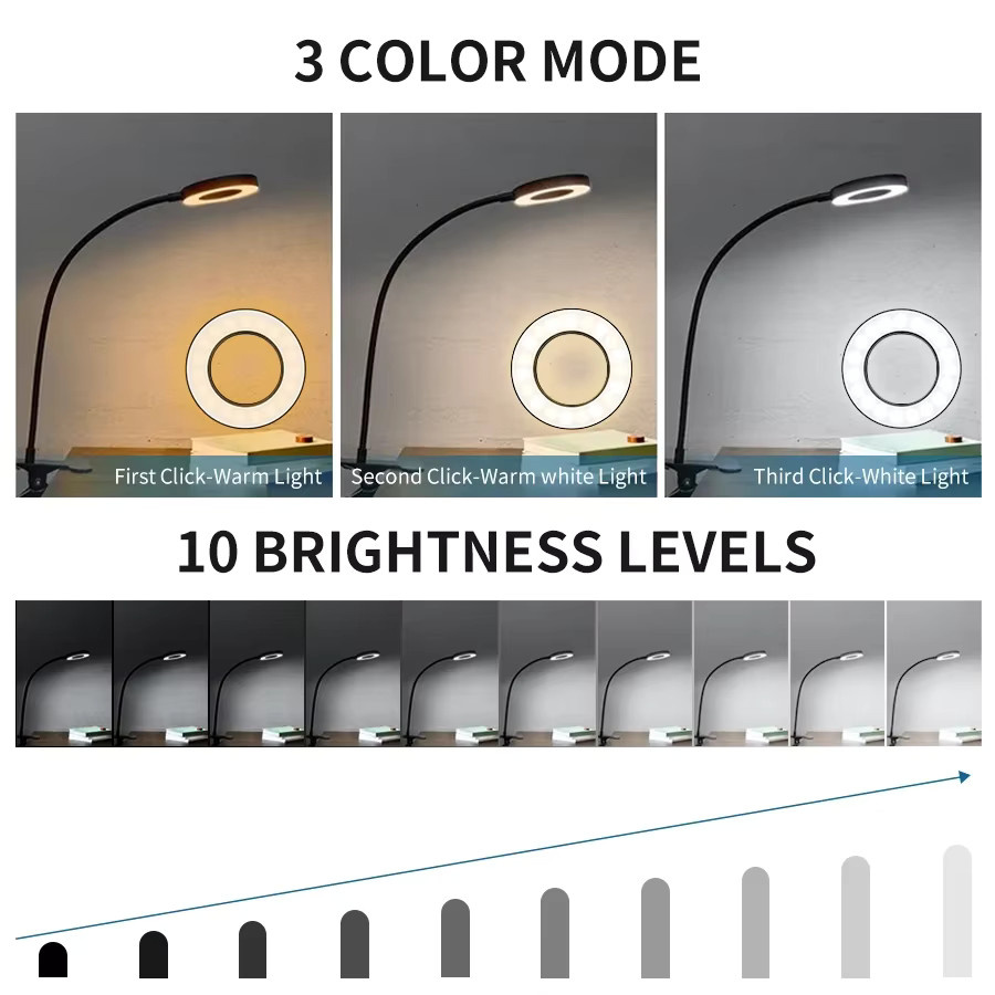 GGBEE USB-LED-Schreibtischleuchte zum Anklemmen in Schwarz, dimmbare flexible Leselampe mit 3 Farbmodi für Büro und Schlafzimmer - Bild 4