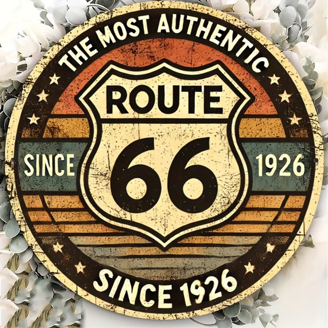 Potdemiel Route 66 Aluminiumschild in rustischem Design, runde Wanddekoration aus Metall, Mehrfarbig, Durchmesser: 20 cm - Bild 1