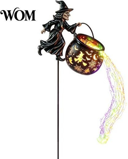 Marn Halloween Gartenstecker Hexenkessel mit LED-Silhouette und buntem Licht, wetterfester Gartenstecker in Braun für Außenbereich - Bild 1