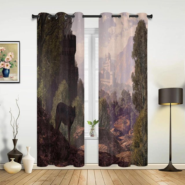 Moderne Vorhänge mit weißem Wolf Motiv in Weiß und Multicolour für Schlafzimmer, Wohnzimmer oder Kinderzimmer, Breite: 135 cm, Höhe: 60 cm - Bild 1