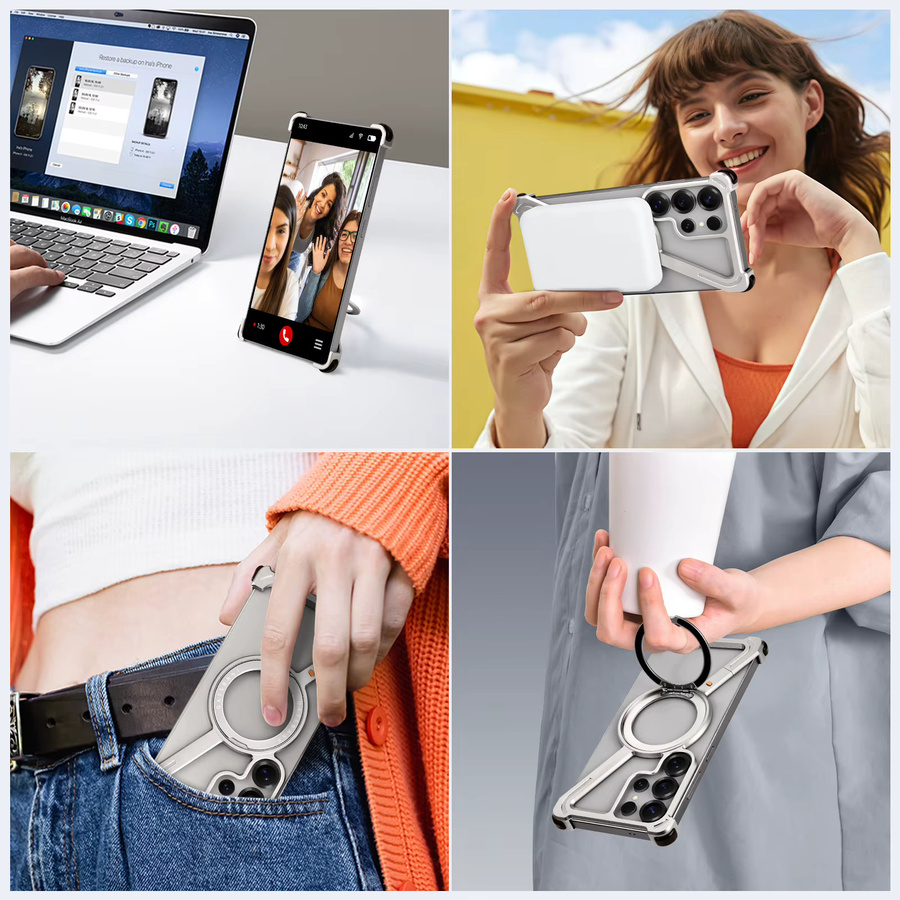 Eary magnetische rahmenlose Handyhülle für Samsung Galaxy S25 Ultra und S24 Ultra mit 360 Grad drehbarem Metallständer in Desert Titanium, stoßfest - Bild 5