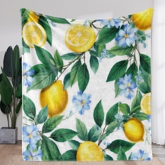 JMG Household Supplies Fleece-Decke mit Zitronenscheiben- und blauem Blumendruck aus Polyester, B/B: 100 x 130 cm - Bild 1