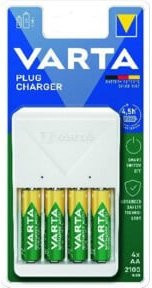 Varta Akkuladegerät Plug Charger für 2x oder 4x AA/AAA inklusive 4 AA Akkus 2100mAh, Weiß, B: 7,4 cm, T: 6,6 cm, H: 11,6 cm - Bild 1