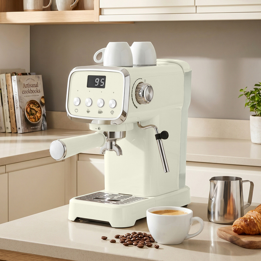 HOMCOM Siebträgermaschine mit 20 Bar Druck, Espressomaschine mit Milchaufschäumer, 1,2 l abnehmbarer Wassertank, Tassenwärmer und Heißwasserfunktion für Espresso, Latte & Cappuccino, Beige/Weiß - Bild 2