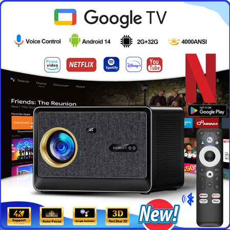 HORLAT Ultra HD Beamer mit 4000 ANSI Lumen, Android 14, Google TV und Autofokus in Schwarz