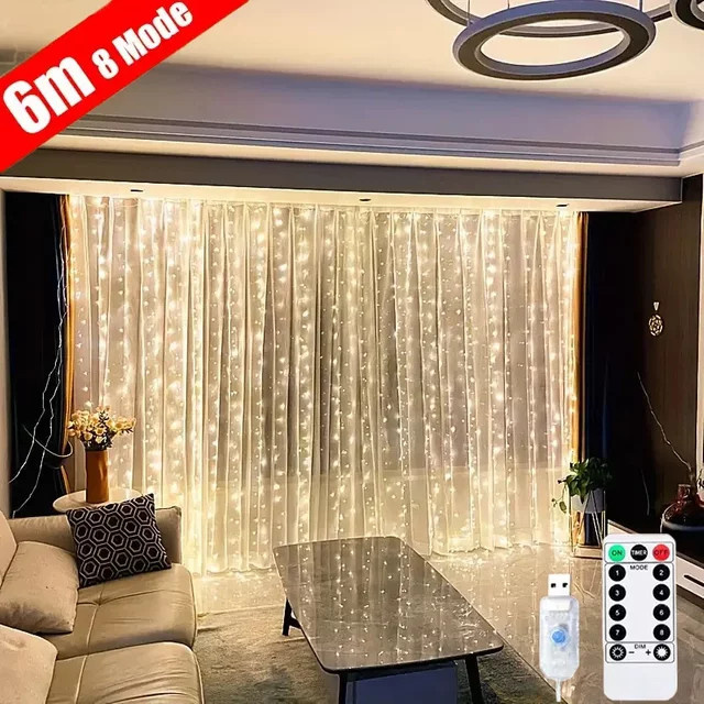 LED USB Vorhang-Lichterkette mit Fernbedienung in Warmweiß für Weihnachtsdekoration und Schlafzimmer - Bild 1