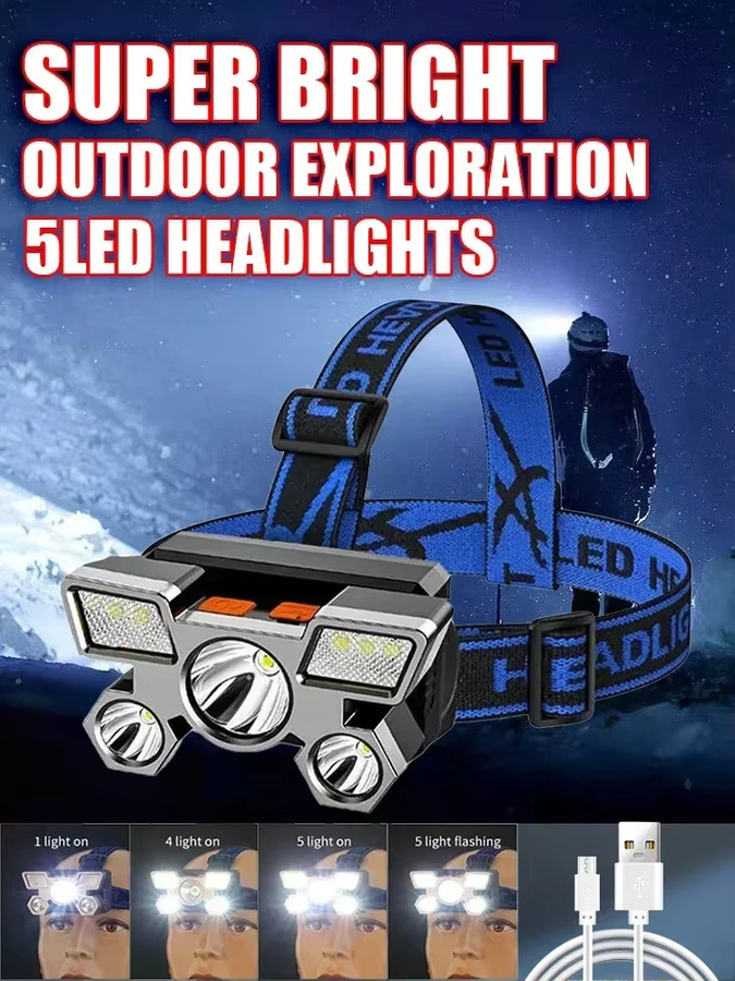 KDULIT Ultrahelle wiederaufladbare LED-Stirnlampe mit 5 LEDs in Schwarz für Outdoor, Camping und Arbeit - Bild 6