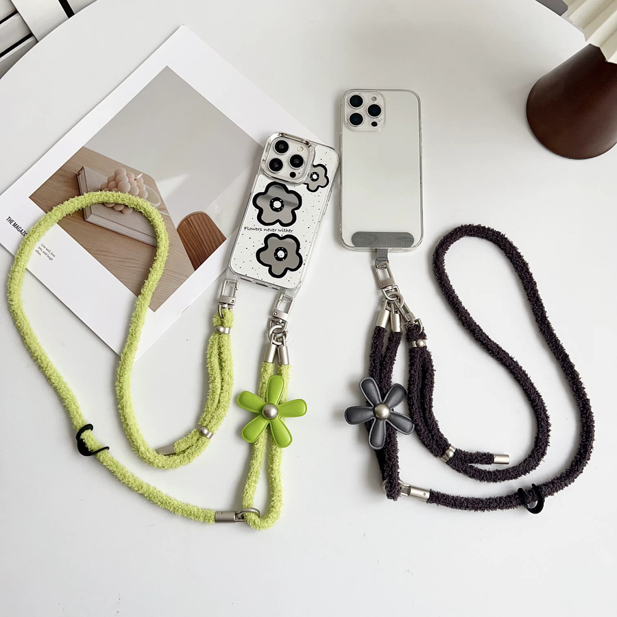 ZHANZHI 3-in-1 360 Grad drehbares Winter-Plüsch-Telefon-Lanyard mit verstellbarem Umhängeband und Handgelenksschlaufe in Schwarz und Multicolour - Bild 1