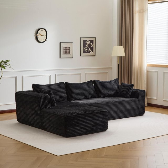 Modernes L-förmiges 3-Sitzer Cord-Sofa von Vankel in Schwarz mit Kissen - Bild 1