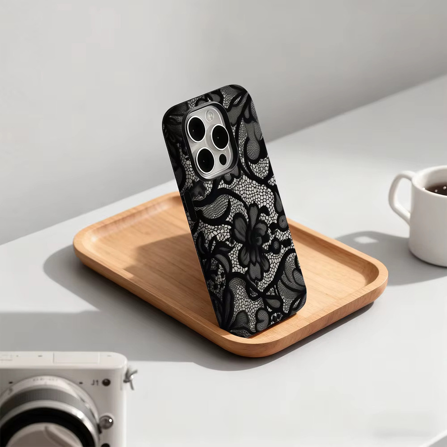 Potdemiel Handyhülle mit schwarzem Spitzenmuster für iPhone 17 16 15 14 13 12 Pro Max Plus mit doppelschichtiger Rückseite, Schwarz - Bild 2