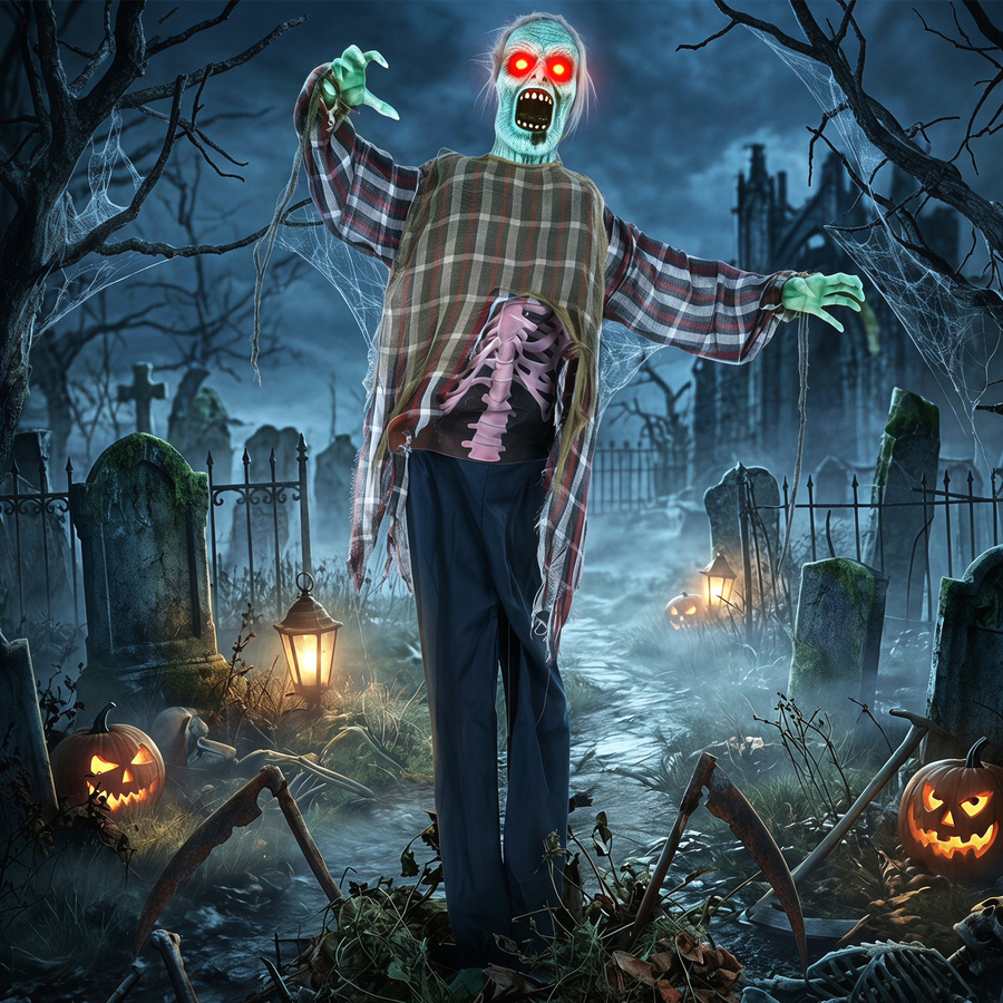 HOMCOM Animierter Halloween-Zombie in Lebensgröße mit Sound- und Berührungsaktivierung sowie leuchtenden Augen, Höhe: 170 cm - Bild 2