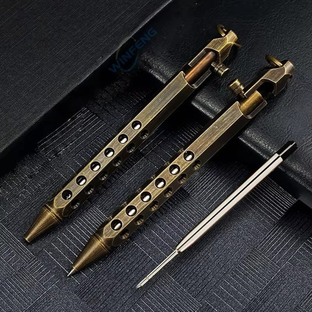 Tragbarer Bolt-Action Messing-Kugelschreiber in Gold mit 1,0 mm mittlerer Spitze und Retro-Rollerball-Funktion - Bild 1
