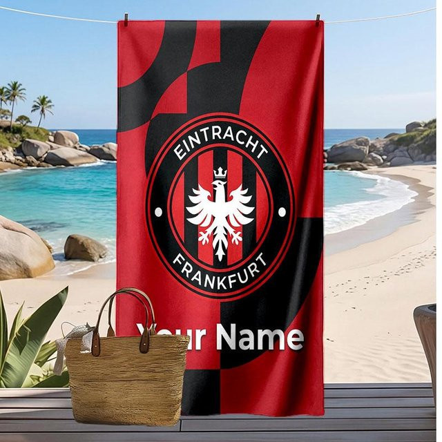 Personalisiertes Eintracht Frankfurt Strandtuch mit individuellem Namen und Logo, rot, B/H: 70 x 140 cm - Bild 1