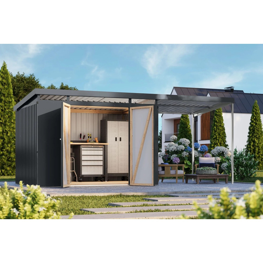 Karibu Metallgerätehaus Neos 3 mit Anbaudach in Anthrazit - Bild 2