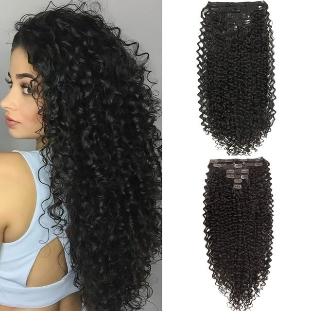 YAKIBEAUTY Clip-in-Haarverlängerungen, lockig, schwarz, 6 Stück, 160 g - Bild 1