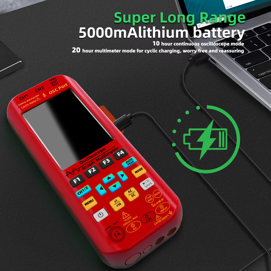 MAXRIENY Handoszilloskop-Multimeter mit DDS-Generator, 2 Kanäle, 50 MHz Bandbreite, 250 MSa/s Abtastrate, 20000 Zählungen und Voltmeter, Rot - Bild 4