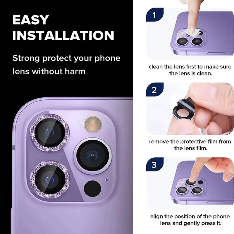 Glitzernder Kamera-Objektivschutz aus Metall und Glas für iPhone 15 14 13 12 11 Pro Max Plus in Silber und Multicolour - Bild 6