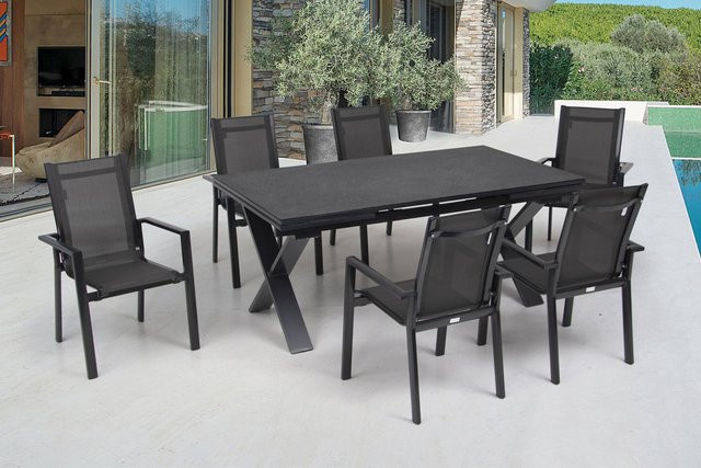 OUTFLEXX Garten-Essgruppe in Anthrazit mit ausziehbarem Tisch und 6 Stapelsesseln aus Aluminium, Keramik und Textil - Bild 1
