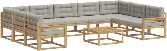 vidaXL Outdoor-Sofagarnitur in L-Form aus Akazienholz mit 10 Kissen in Weiß und Hellgrau - Bild 1