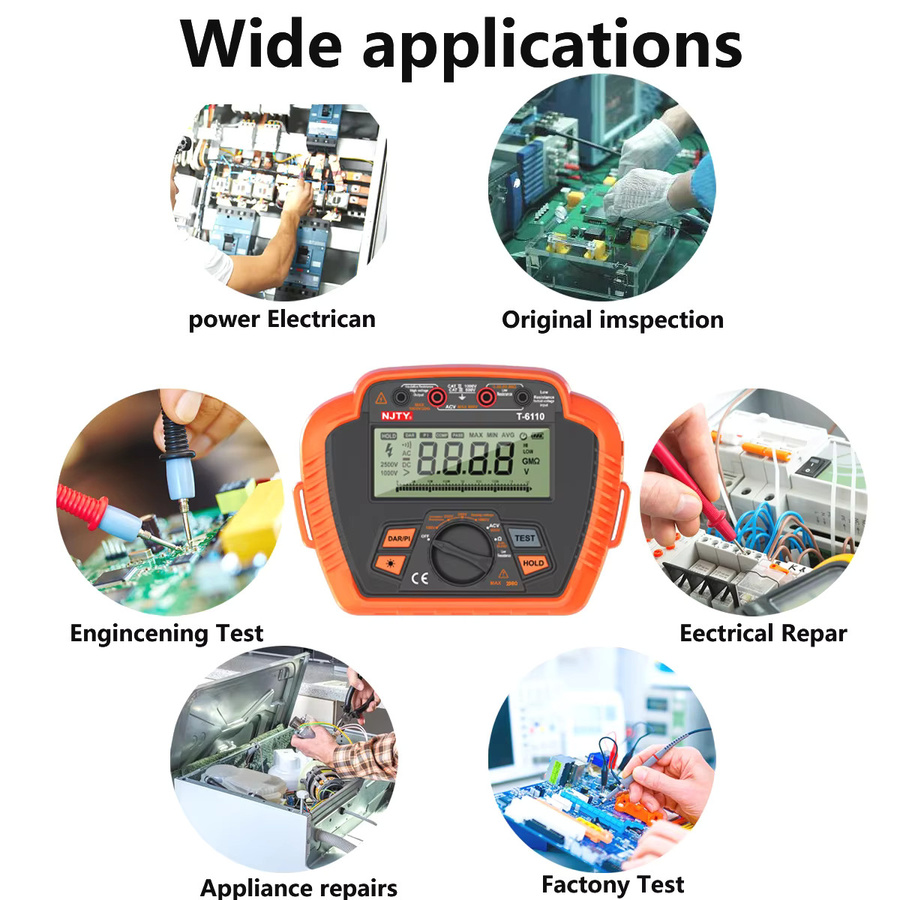 NJTY Digitales Megohmmeter Isolationswiderstandstester 1000 V/2500 V in Orange mit Messung des Absorptionsverhältnisses und niedrigem Widerstand bis 200 GΩ - Bild 5