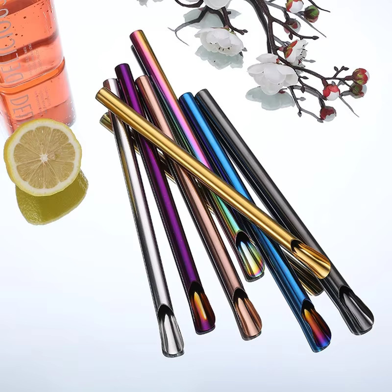 JANKNG 4-teiliges Edelstahl-Strohhalm-Set in Silber und Multicolour, wiederverwendbar für Bubble Tea und Milchshakes, inklusive Reinigungsbürste, Rührstab und Smoothie-Löffel-Strohhalm - Bild 2