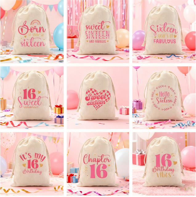 5 Stück Kordelzug Leckerli Taschen für den 16. Geburtstag Mädchen in Beige - Bild 1