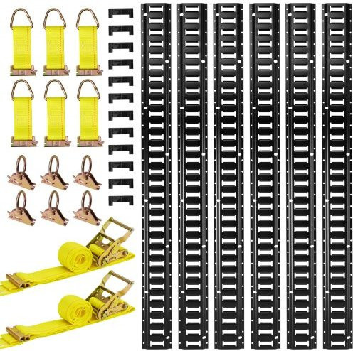 VEVOR E-Track Zurrschienen-Set 26-teilig in Gelb, 6 Schienen à 1,5 m mit Ratschengurten, O-Ringen und D-Ring Zurrgurten aus Edelstahl für Garagen, Lieferwagen und Anhänger - Bild 1