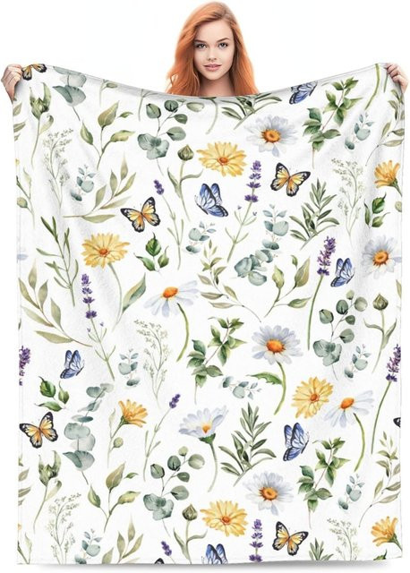 JMG Household Supplies Überwurfdecke mit Aquarell-Blumenmuster in Weiß, Fleece-Material, B/H: 70 x 100 cm - Bild 1