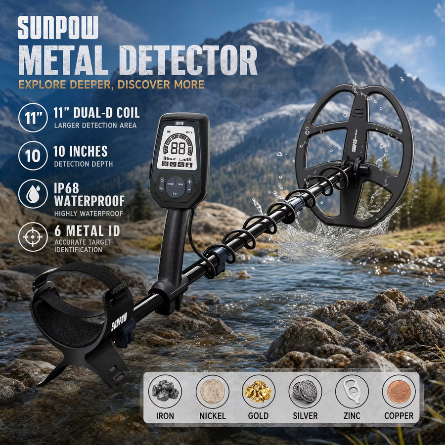 SUNPOW Unterirdischer Professioneller Metalldetektor in Schwarz und Braun mit 11 Zoll Wasserdichter DD-Spule, LCD Display und Schaufel-Set - Bild 7
