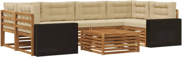 vidaXL Outdoor-Sofagarnitur in L-Form aus Akazienholz mit 7 Kissen in Natur und Beige - Bild 1