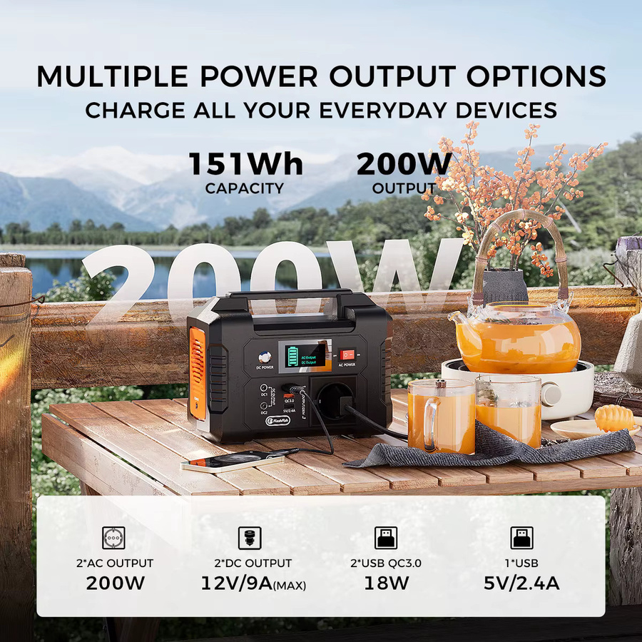 Flashfish E200 Tragbare Powerstation 200W Solargenerator 151Wh 40800mAh Schwarz mit 220V AC-Anschluss und 2 DC-Ports für Camping und Wohnmobil - Bild 2