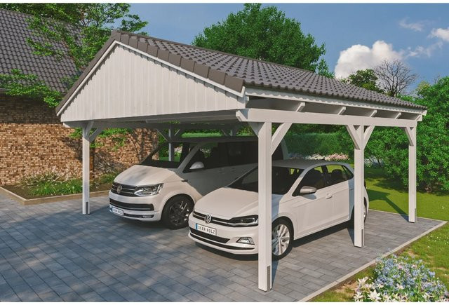 Skan Holz Carport Fichtelberg aus Fichte Leimholz mit Spitze Dachform, Farbe: Weiß, B/T: 618 x 566 cm, Höhe: 362 cm - Bild 1
