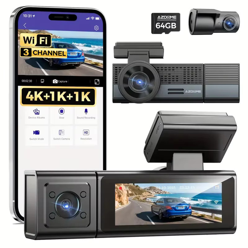AZDOME M500 4K Dashcam 3-Kanal Auto-DVR mit Nachtsicht, G-Sensor, 24H Parküberwachung und Sprachsteuerung, Schwarz - Bild 2
