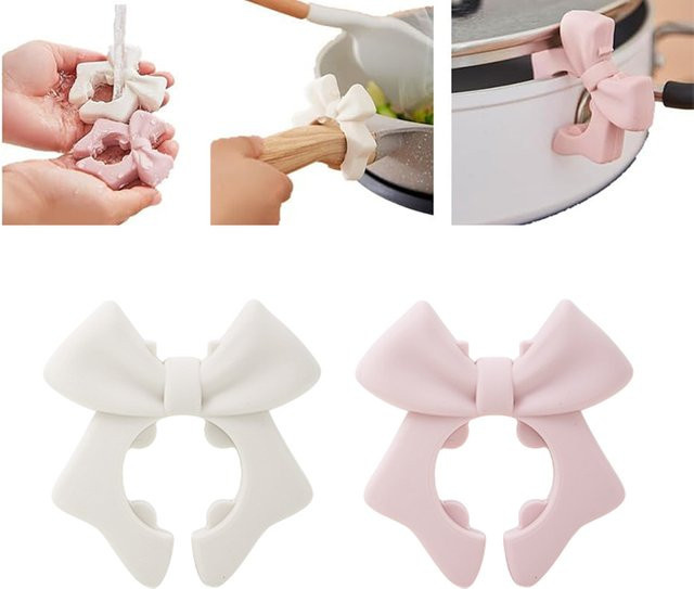 HUXUAN Silikon Spachtelhalter Bowknot in Beige oder Weiß als multifunktionaler Topfclip und Löffelhalter für deine Küche - Bild 1