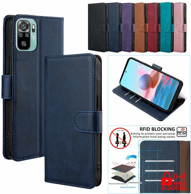 RFID Stoßfeste Magnetische Klapphülle aus Leder für Xiaomi Redmi Note 10 Pro Max, 10T, 10S Lite, 10A, 10C in Rot mit NFC-Funktion - Bild 1