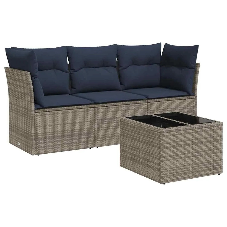 vidaXL 4-teilige Garten-Sofagarnitur in L-Form aus grauem Poly-Rattan mit Kissen und Gartentisch - Bild 2