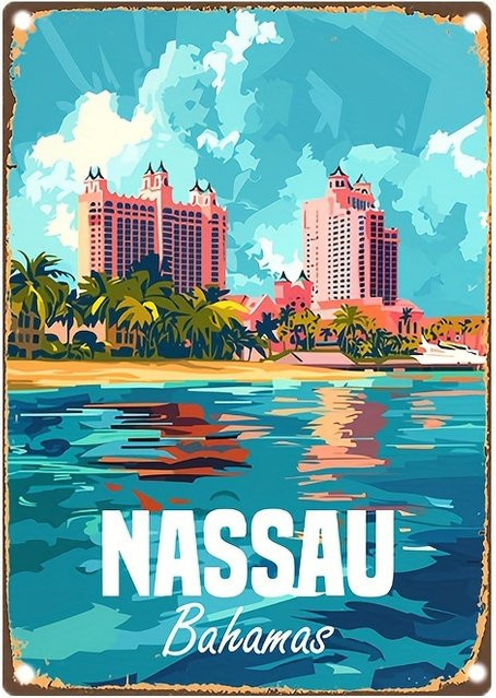 MINISO Nassau Bahamas Vintage-Metallschild, rechteckige Wandkunst aus Metall in Multicolour, B/H: 30 x 20 cm - Bild 1