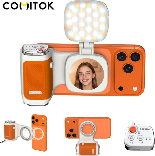 COMITOK MOCA iPhone Kamera-Assistent in Orange mit 1-Klick-Objektiv-Flip-Auslösergriff und abnehmbarer Ladefernbedienung - Bild 1