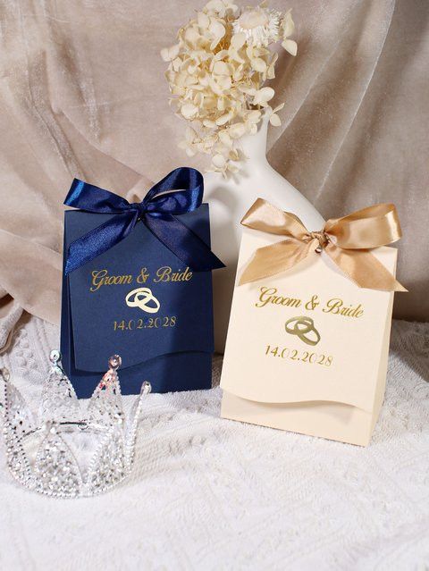 Personalisierte Hochzeitssüßigkeitenschachtel RMTPT mit Schleife in Beige für Hochzeitsgastgeschenke und Party-Souvenirs - Bild 1