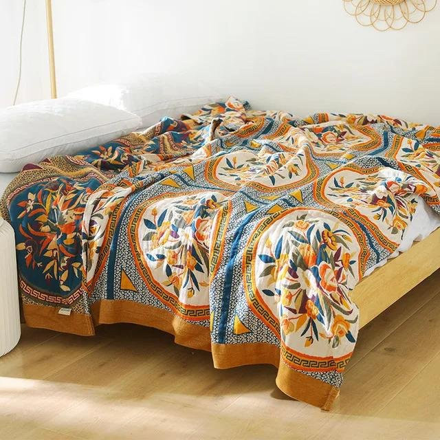 Nordische Überwurfdecke aus Baumwollgaze im Boho-Stil mit floralem Muster, bunte Sommerklimadecke für dein Bett, B/B: 200 x 230 cm - Bild 1