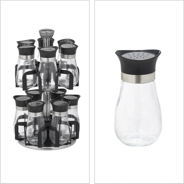 Relaxdays Gewürzkarussell aus Edelstahl und Glas in Silber und Schwarz mit 12 Gläsern, drehbar, Breite: 31 cm, Tiefe: 18 cm - Bild 1
