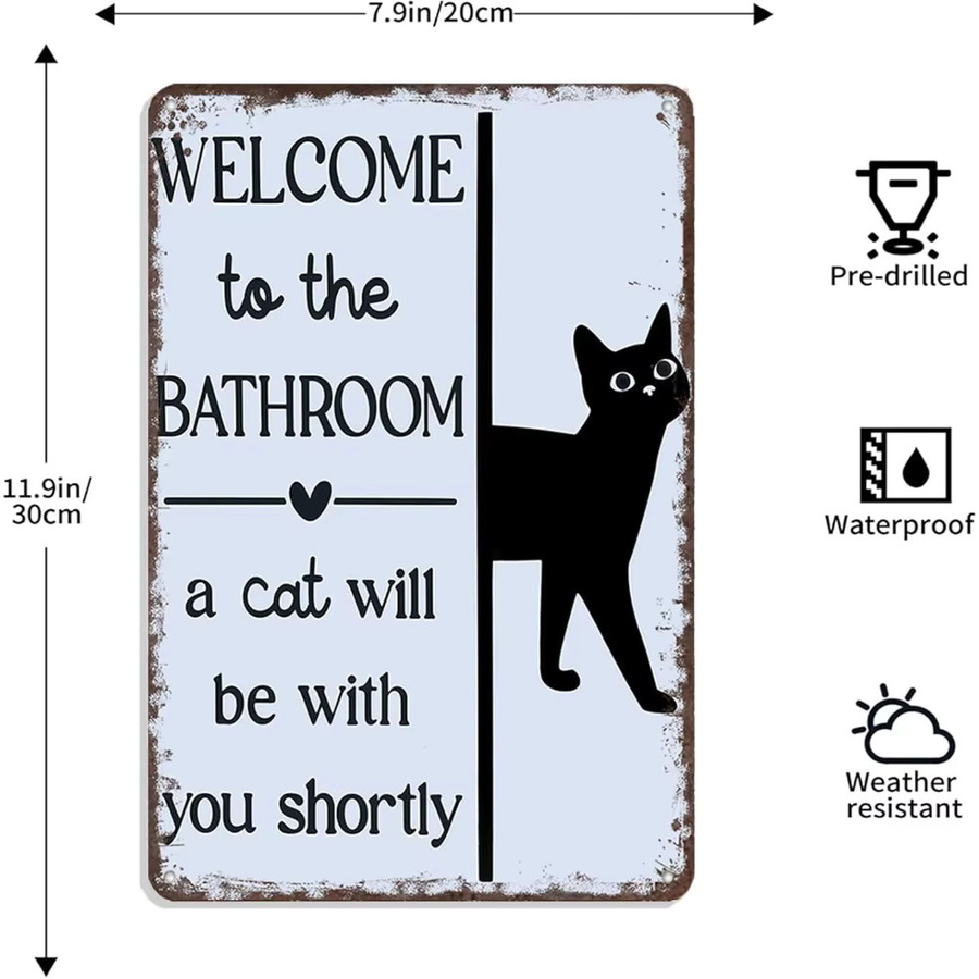 Potdemiel Metallschild Welcome To The Bathroom, A Cat Will Be With You Shortly Retro Wandkunst mit Katzenmotiv in Weiß, Breite: 20,3 cm, Höhe: 30,5 cm - Bild 2